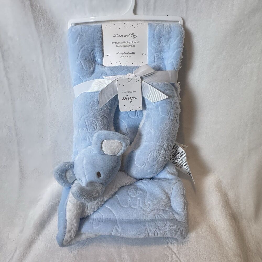 Classic Cozy Baby Blanket & Neck Pillow Set Blue Elephant Sherpa Plush NWT